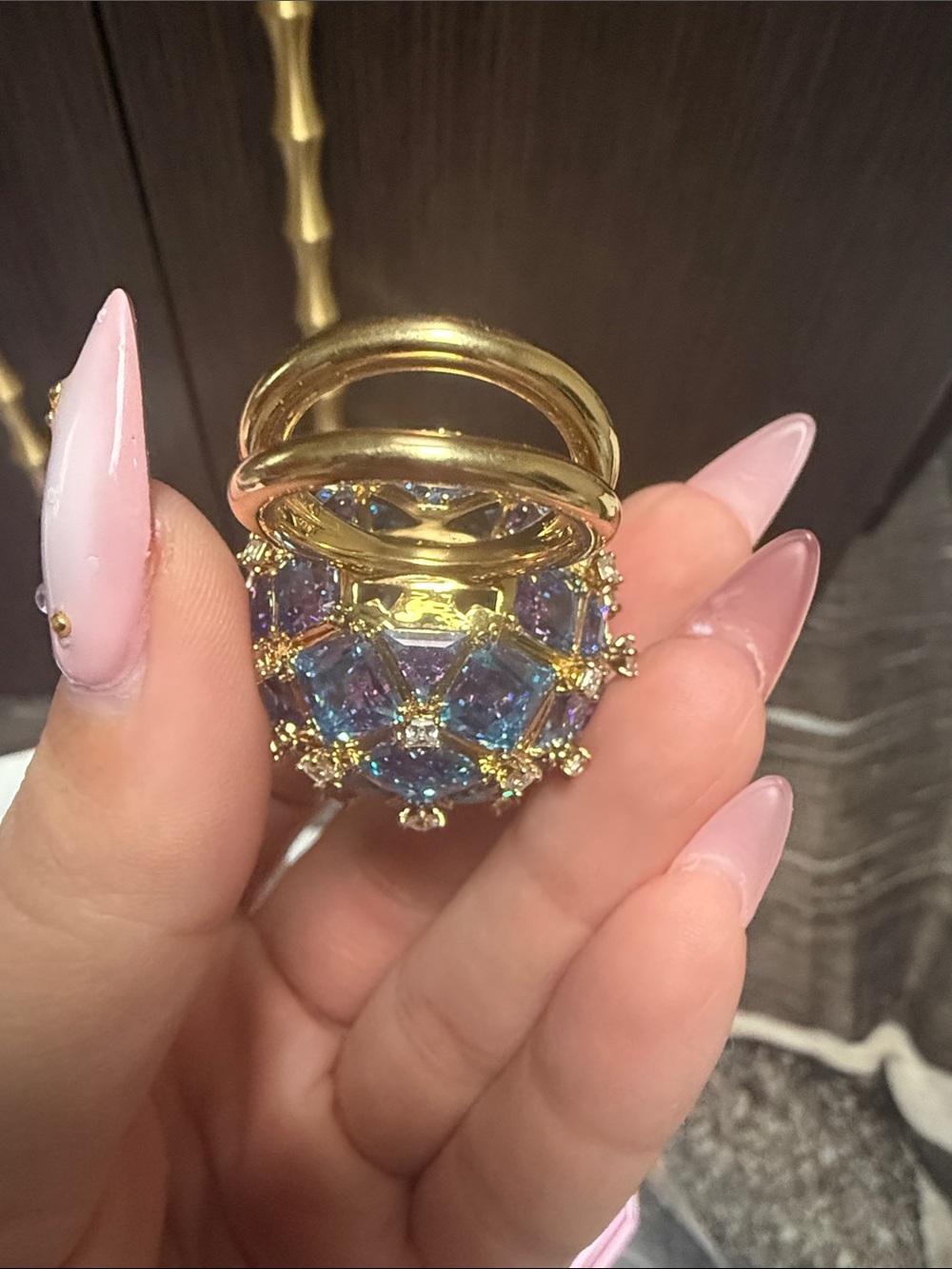 Swarovski Gold Ring with Iridescent Blue-Purple Crystal Dome - Picture 16 of 17